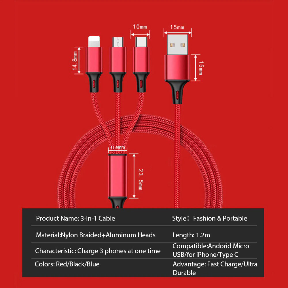 3 in 1 USB Cable For Apple & Android Phones